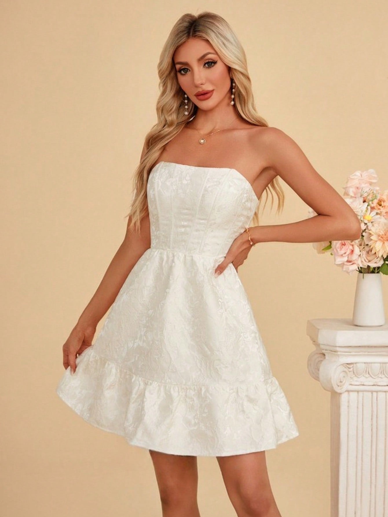 Strapless A-Line Jacquard Mini Dress For Summer & Fall Women's Dress