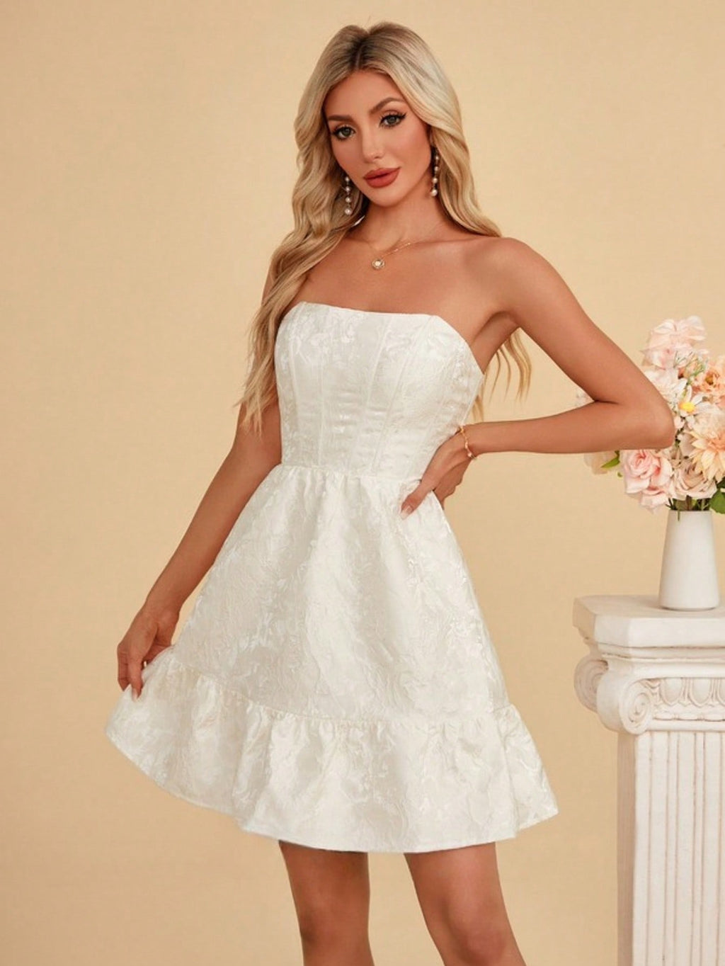 Strapless A-Line Jacquard Mini Dress For Summer & Fall Women's Dress