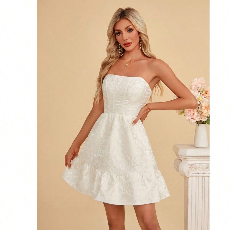 Strapless A-Line Jacquard Mini Dress For Summer & Fall Women's Dress