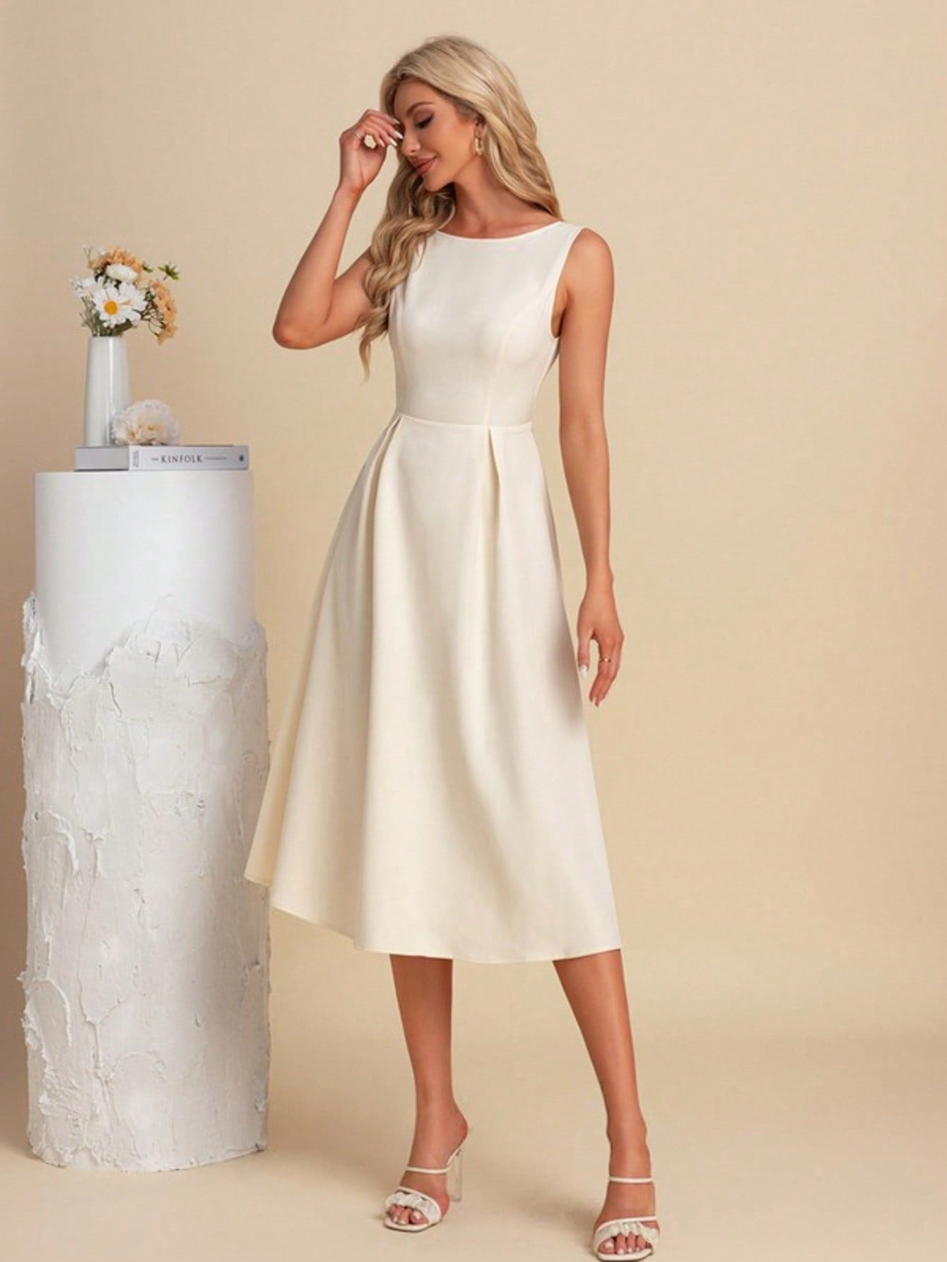 Boat Neck A-Line Stretch Crepe Midi Dress For Summer & Fall Women's Dress
