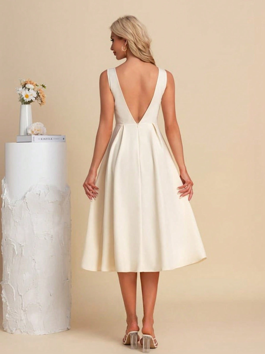 Boat Neck A-Line Stretch Crepe Midi Dress For Summer & Fall Women's Dress