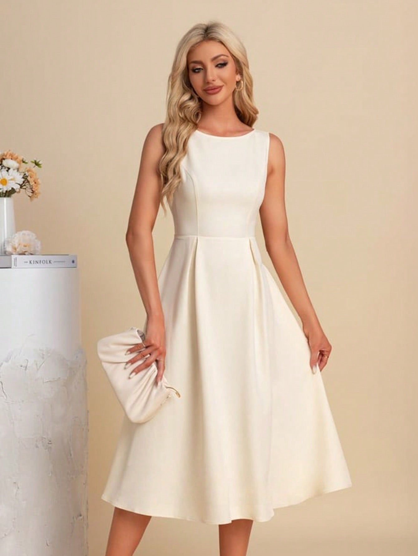 Boat Neck A-Line Stretch Crepe Midi Dress For Summer & Fall Women's Dress