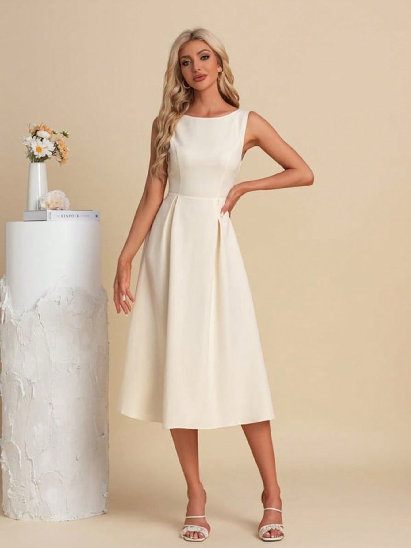 Boat Neck A-Line Stretch Crepe Midi Dress For Summer & Fall Women's Dress