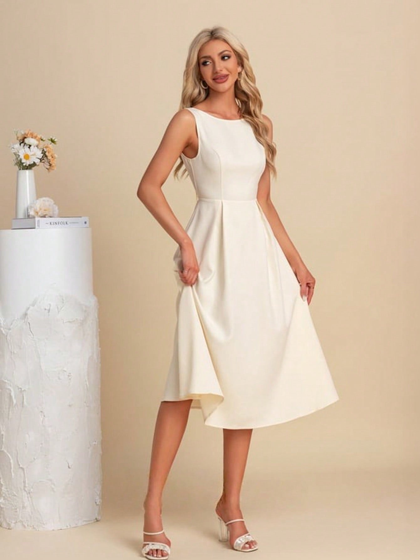 Boat Neck A-Line Stretch Crepe Midi Dress For Summer & Fall Women's Dress