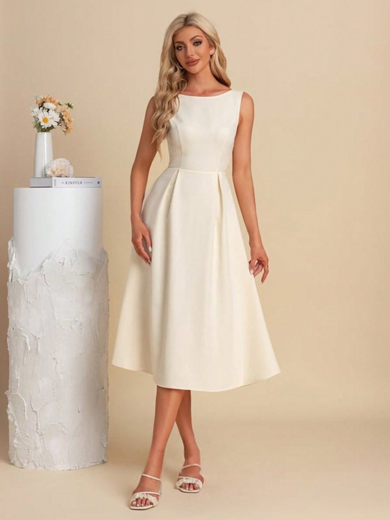 Boat Neck A-Line Stretch Crepe Midi Dress For Summer & Fall Women's Dress