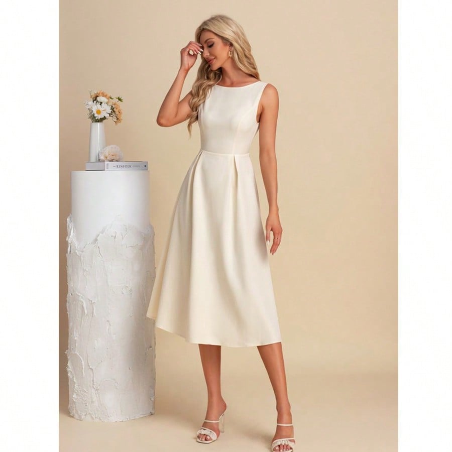 Boat Neck A-Line Stretch Crepe Midi Dress For Summer & Fall Women's Dress