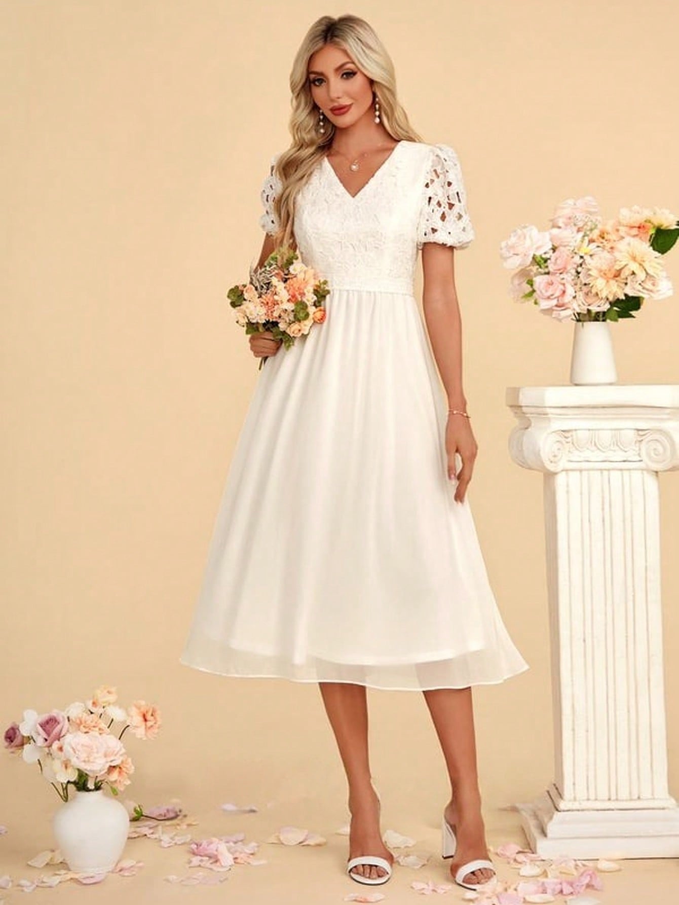 V-Neck A-Line Chiffon Lace Midi Dress For Summer & Fall Women's Clothing