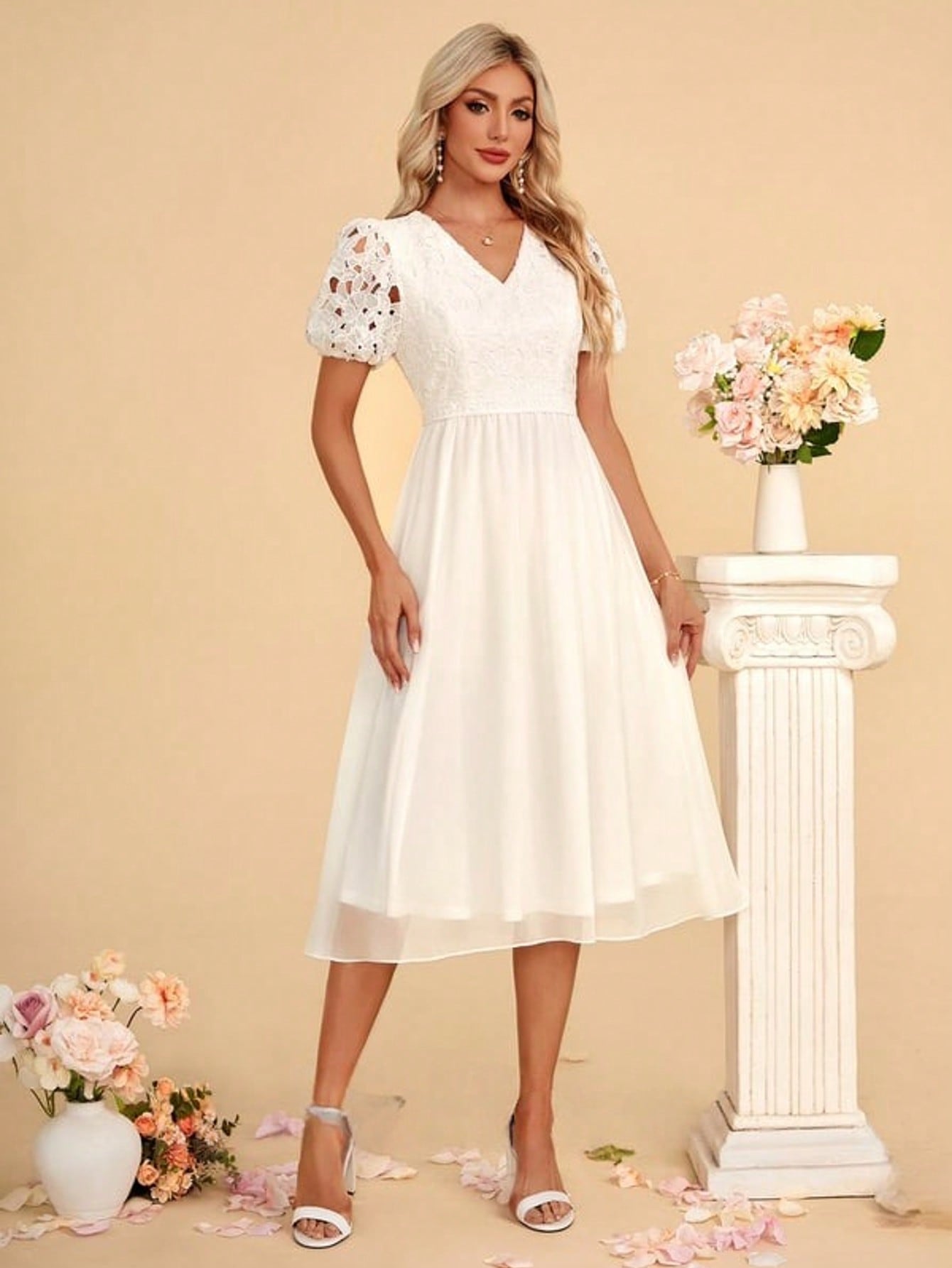 V-Neck A-Line Chiffon Lace Midi Dress For Summer & Fall Women's Clothing