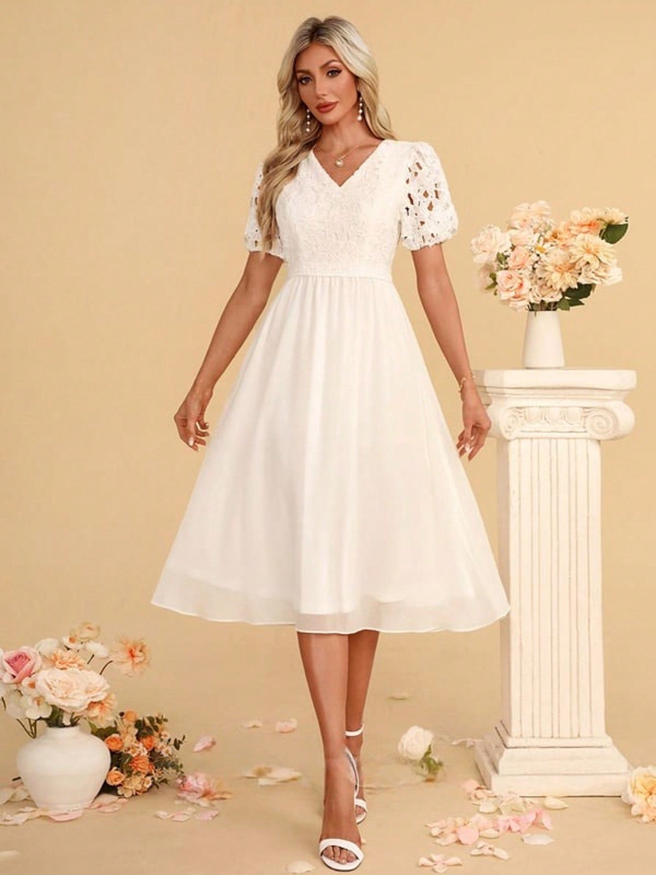 V-Neck A-Line Chiffon Lace Midi Dress For Summer & Fall Women's Clothing