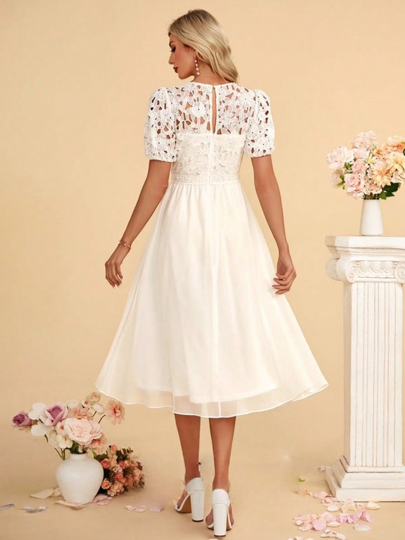 V-Neck A-Line Chiffon Lace Midi Dress For Summer & Fall Women's Clothing