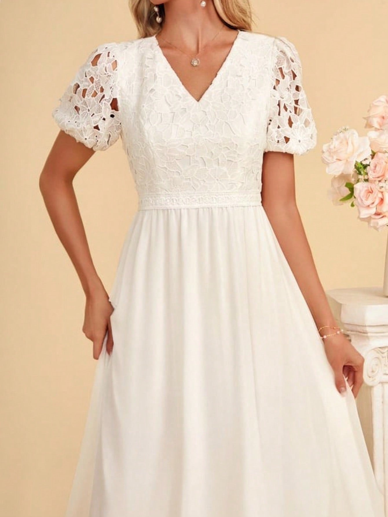 V-Neck A-Line Chiffon Lace Midi Dress For Summer & Fall Women's Clothing