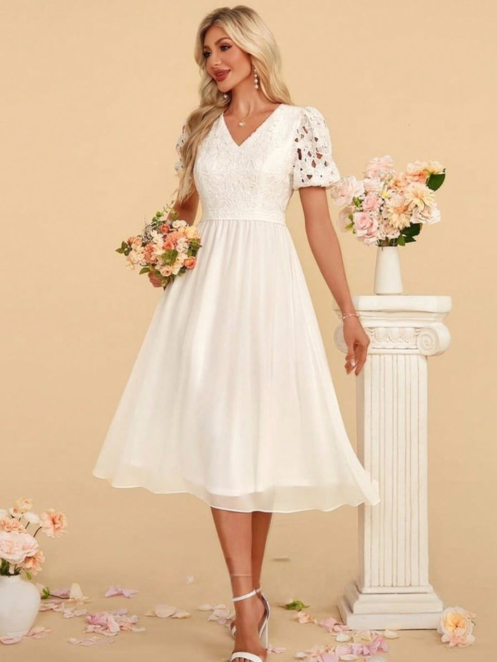V-Neck A-Line Chiffon Lace Midi Dress For Summer & Fall Women's Clothing