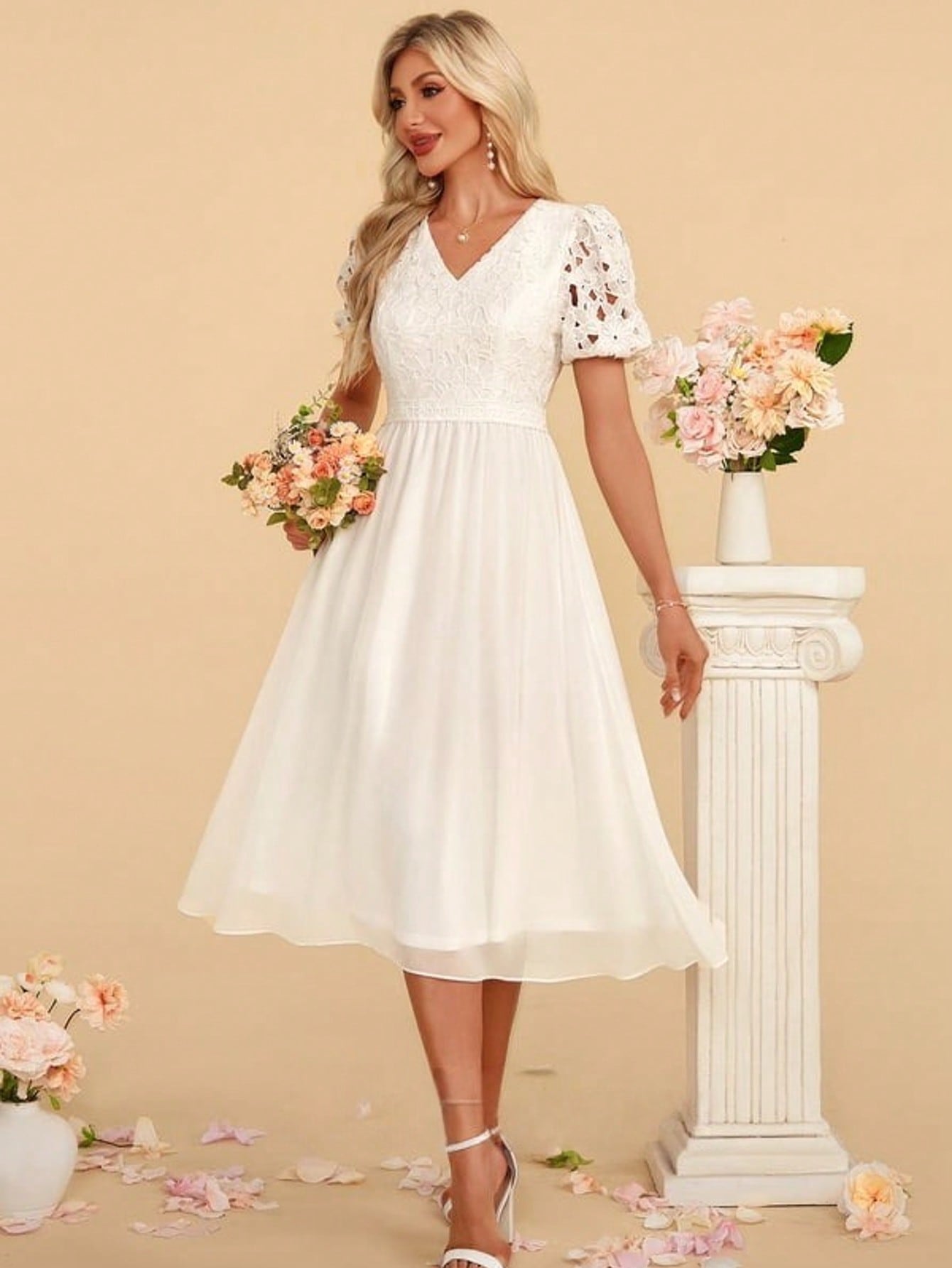 V-Neck A-Line Chiffon Lace Midi Dress For Summer & Fall Women's Clothing