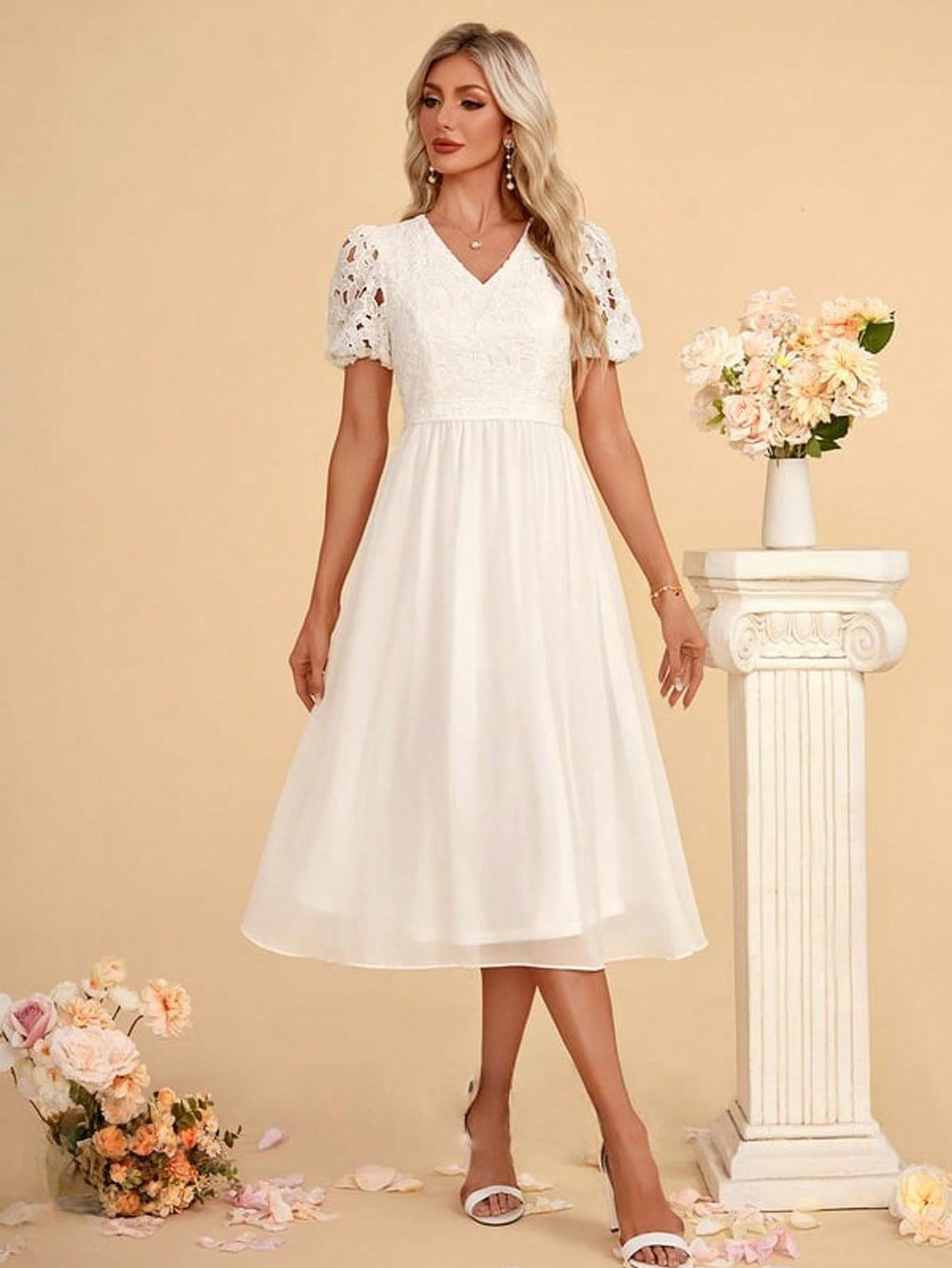V-Neck A-Line Chiffon Lace Midi Dress For Summer & Fall Women's Clothing