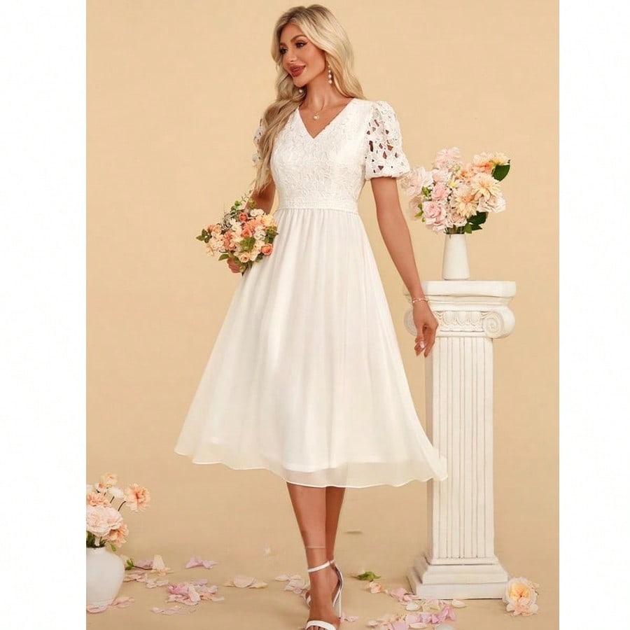 V-Neck A-Line Chiffon Lace Midi Dress For Summer & Fall Women's Clothing