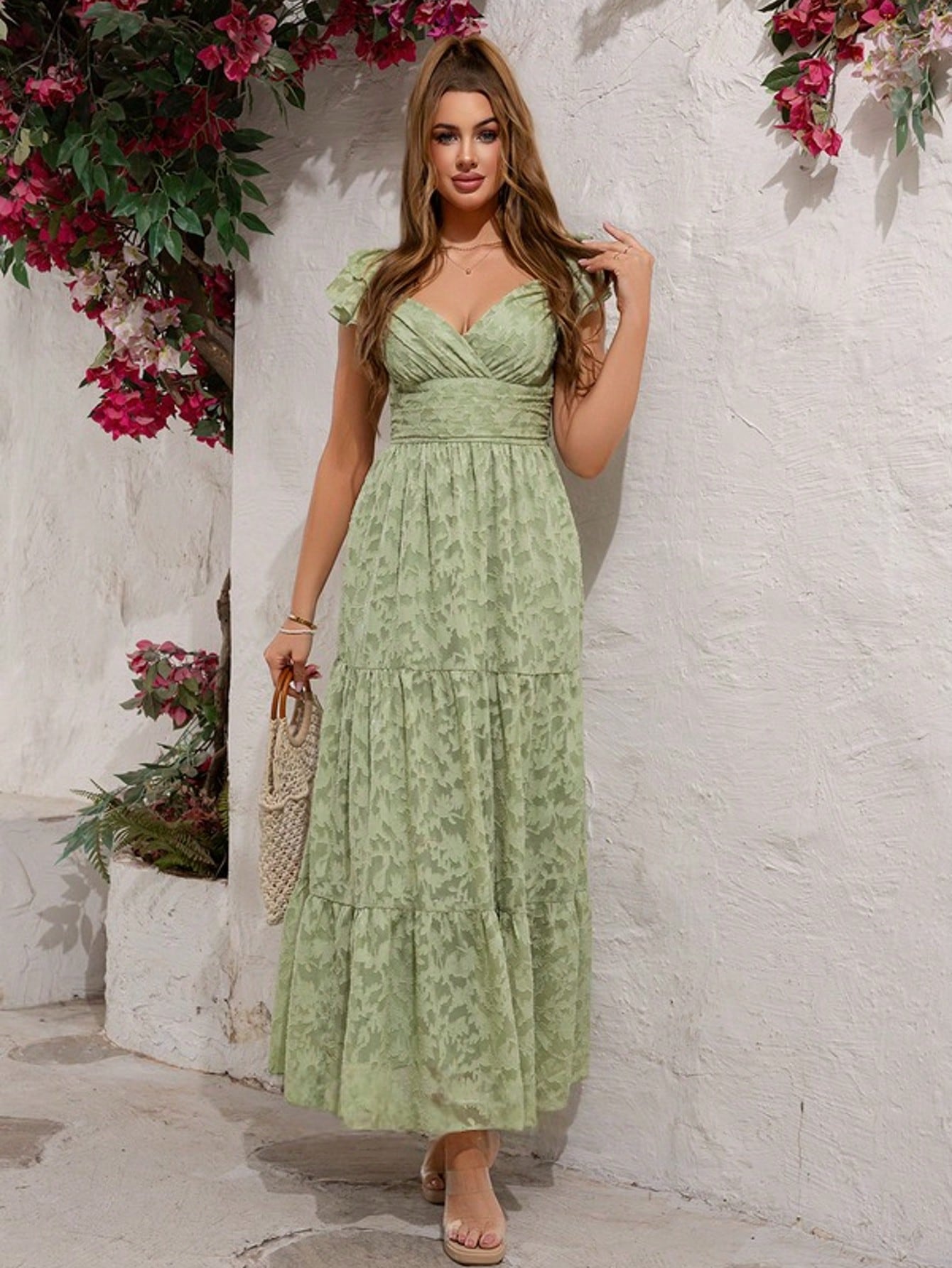 Ruffle V-Neck Sleeveless A-Line Chiffon Jacquard Maxi Dress For Summer & Fall Women's Clothing