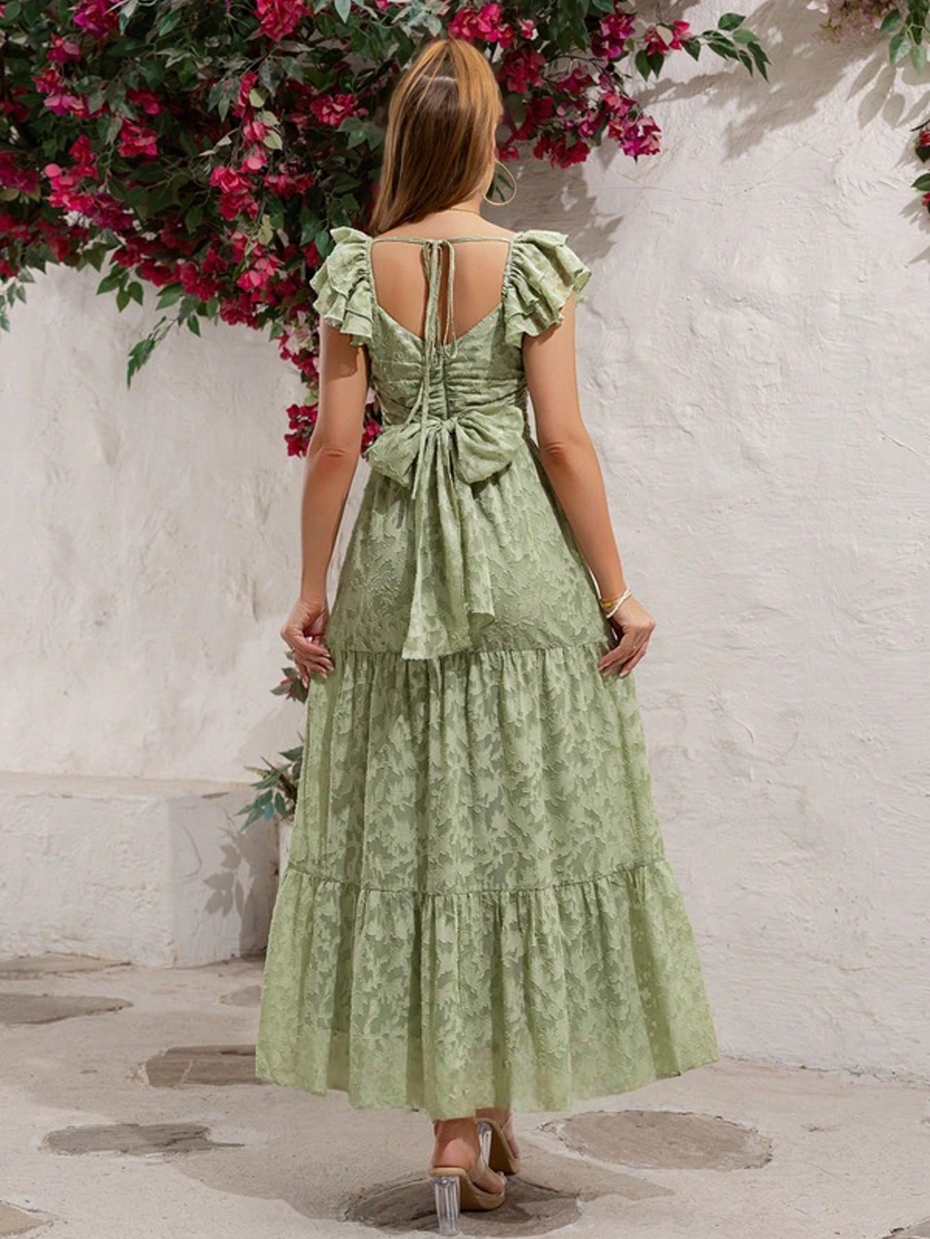 Ruffle V-Neck Sleeveless A-Line Chiffon Jacquard Maxi Dress For Summer & Fall Women's Clothing