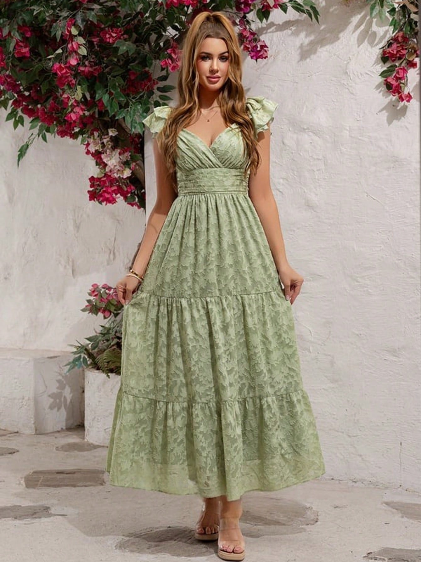Ruffle V-Neck Sleeveless A-Line Chiffon Jacquard Maxi Dress For Summer & Fall Women's Clothing