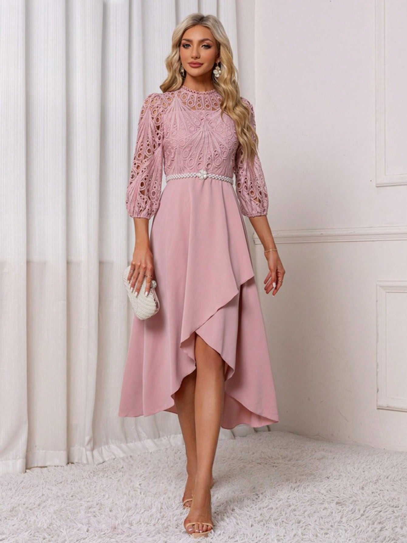 Illusion A-Line Charmeuse Lace Asymmetrical Midi Dress For Summer & Fall Women's Dress