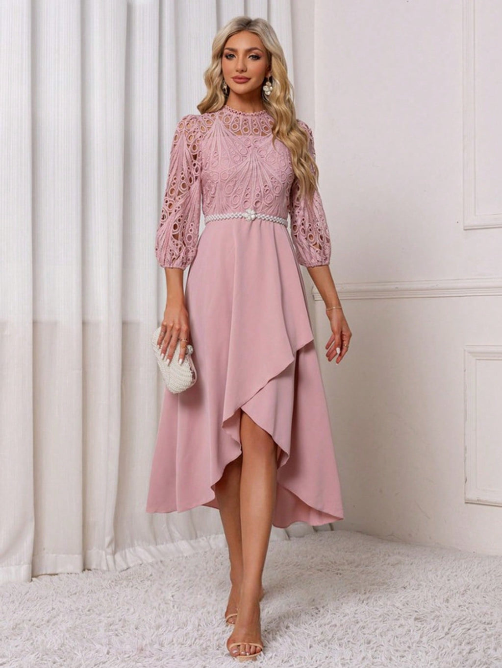 Illusion A-Line Charmeuse Lace Asymmetrical Midi Dress For Summer & Fall Women's Dress