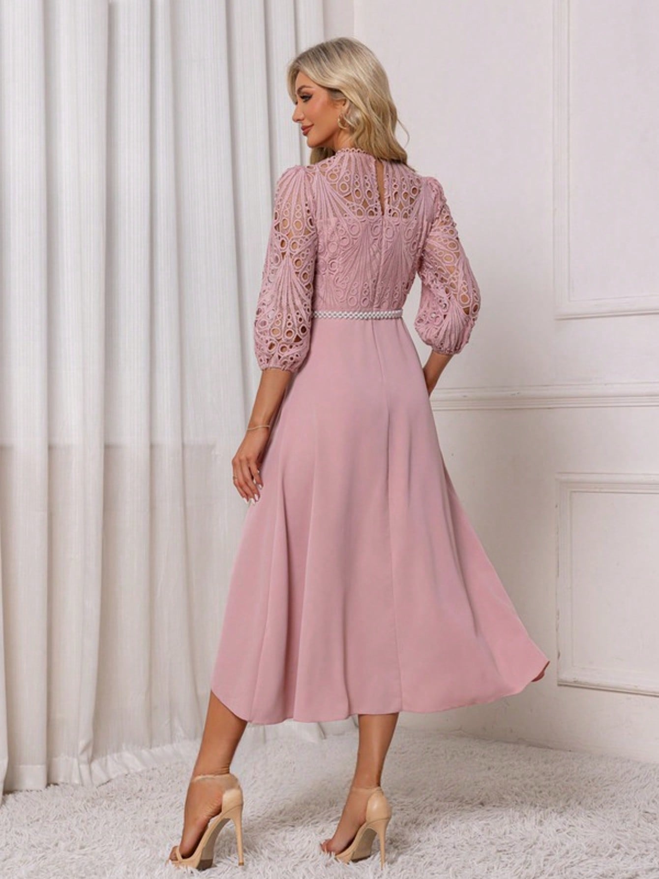 Illusion A-Line Charmeuse Lace Asymmetrical Midi Dress For Summer & Fall Women's Dress