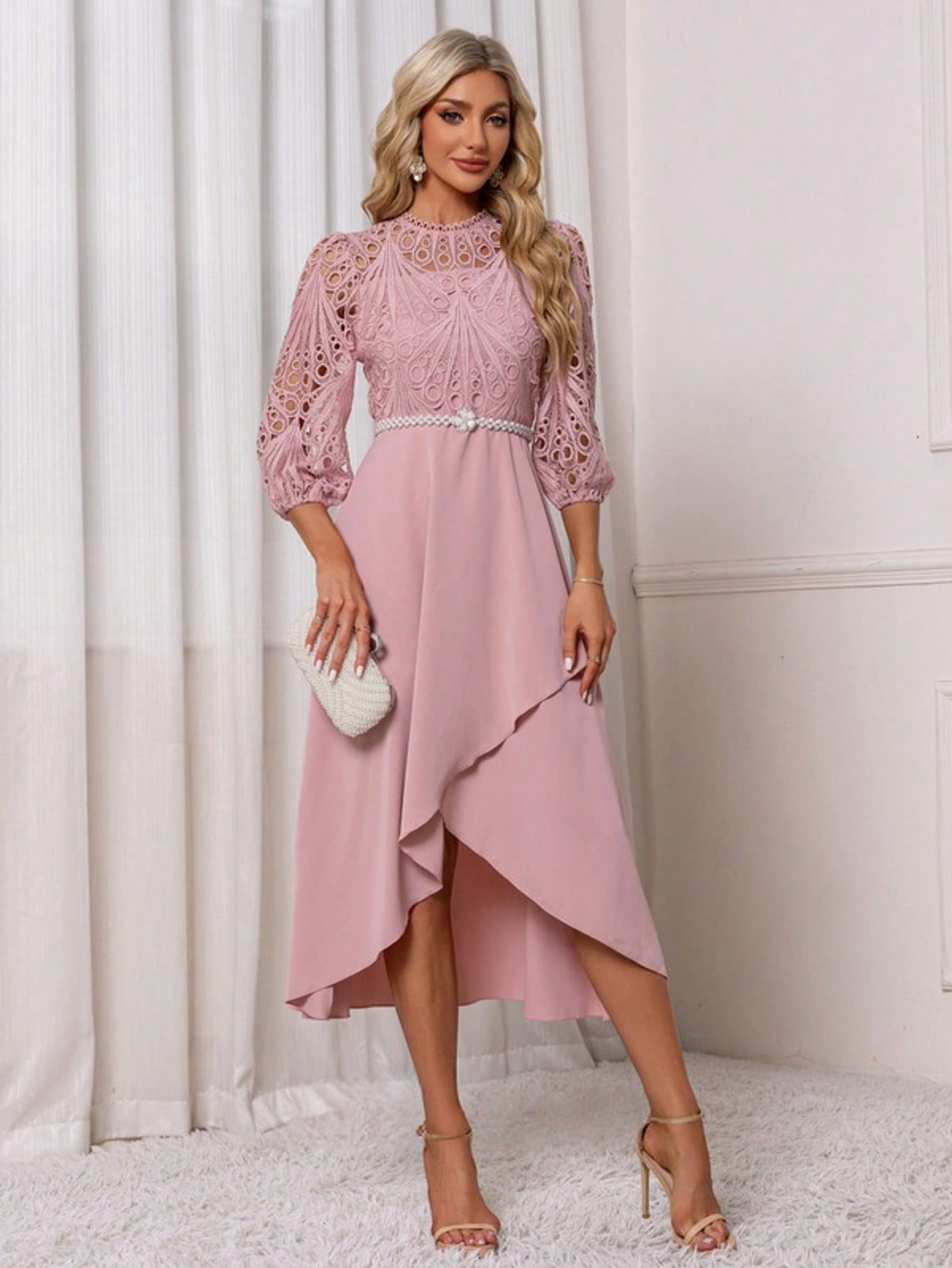 Illusion A-Line Charmeuse Lace Asymmetrical Midi Dress For Summer & Fall Women's Dress