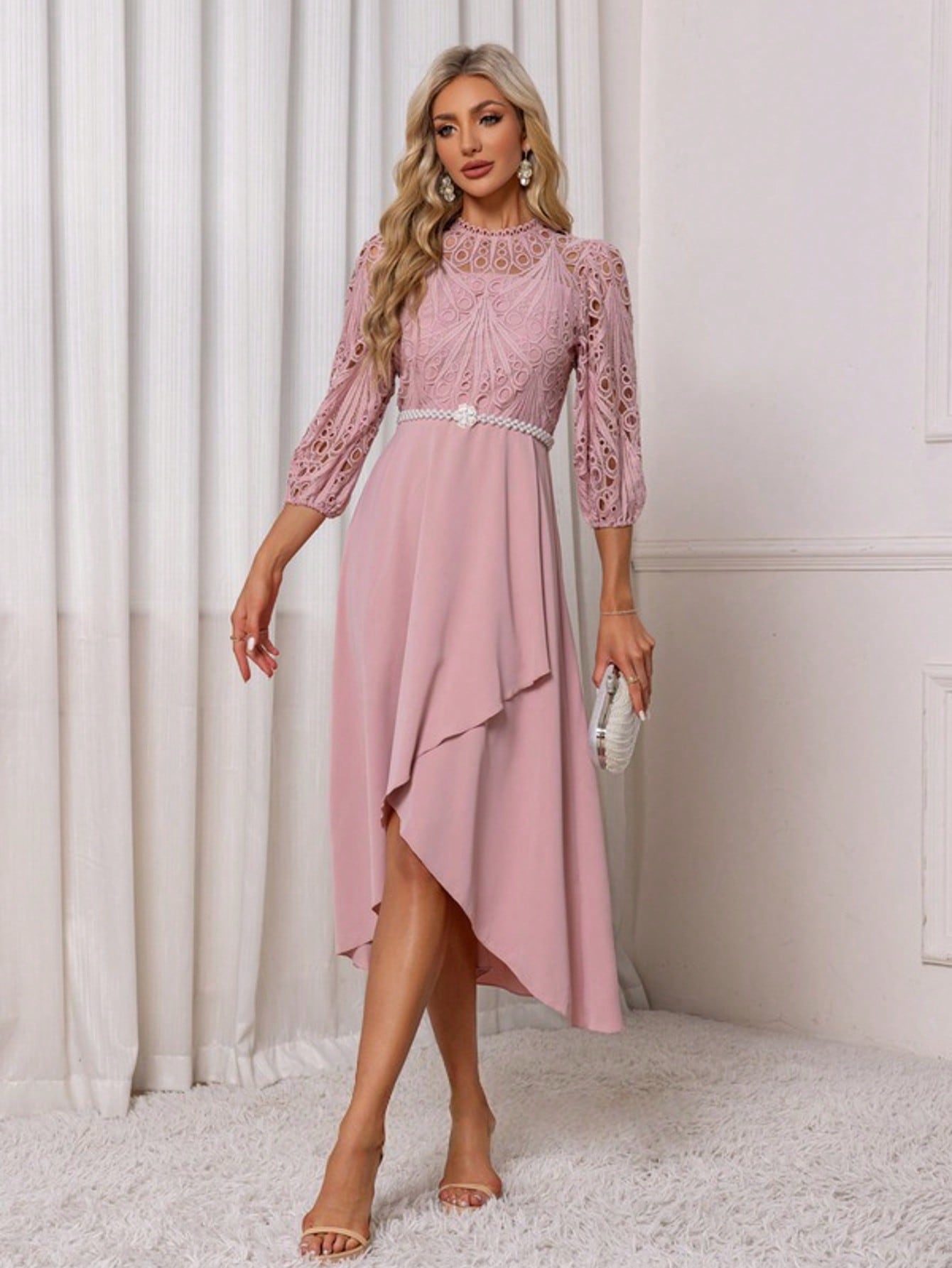 Illusion A-Line Charmeuse Lace Asymmetrical Midi Dress For Summer & Fall Women's Dress