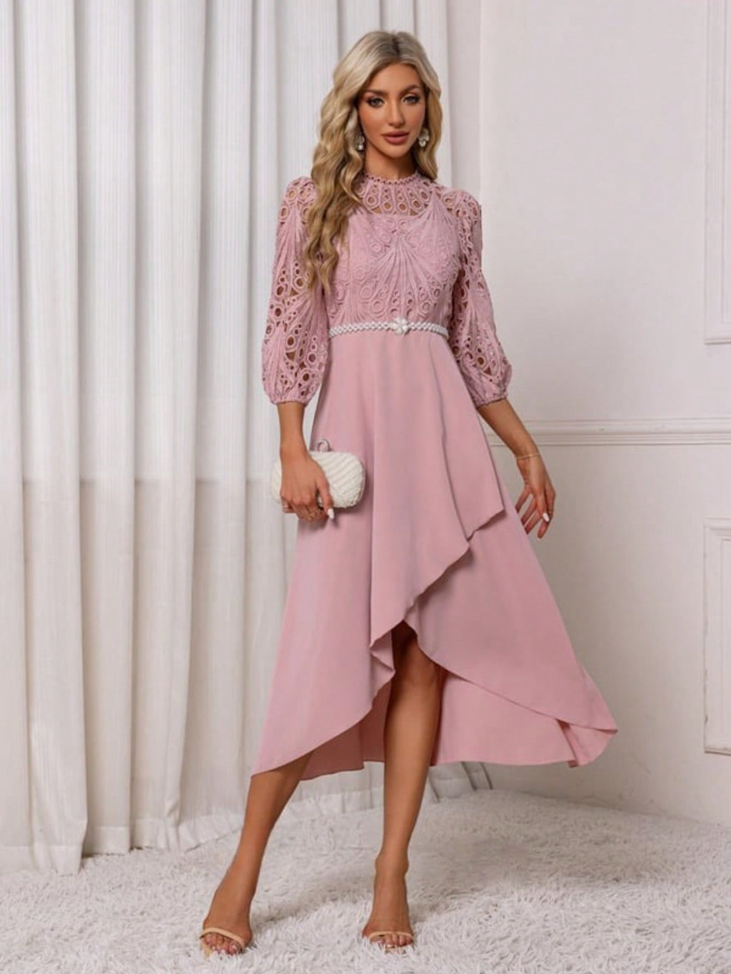 Illusion A-Line Charmeuse Lace Asymmetrical Midi Dress For Summer & Fall Women's Dress