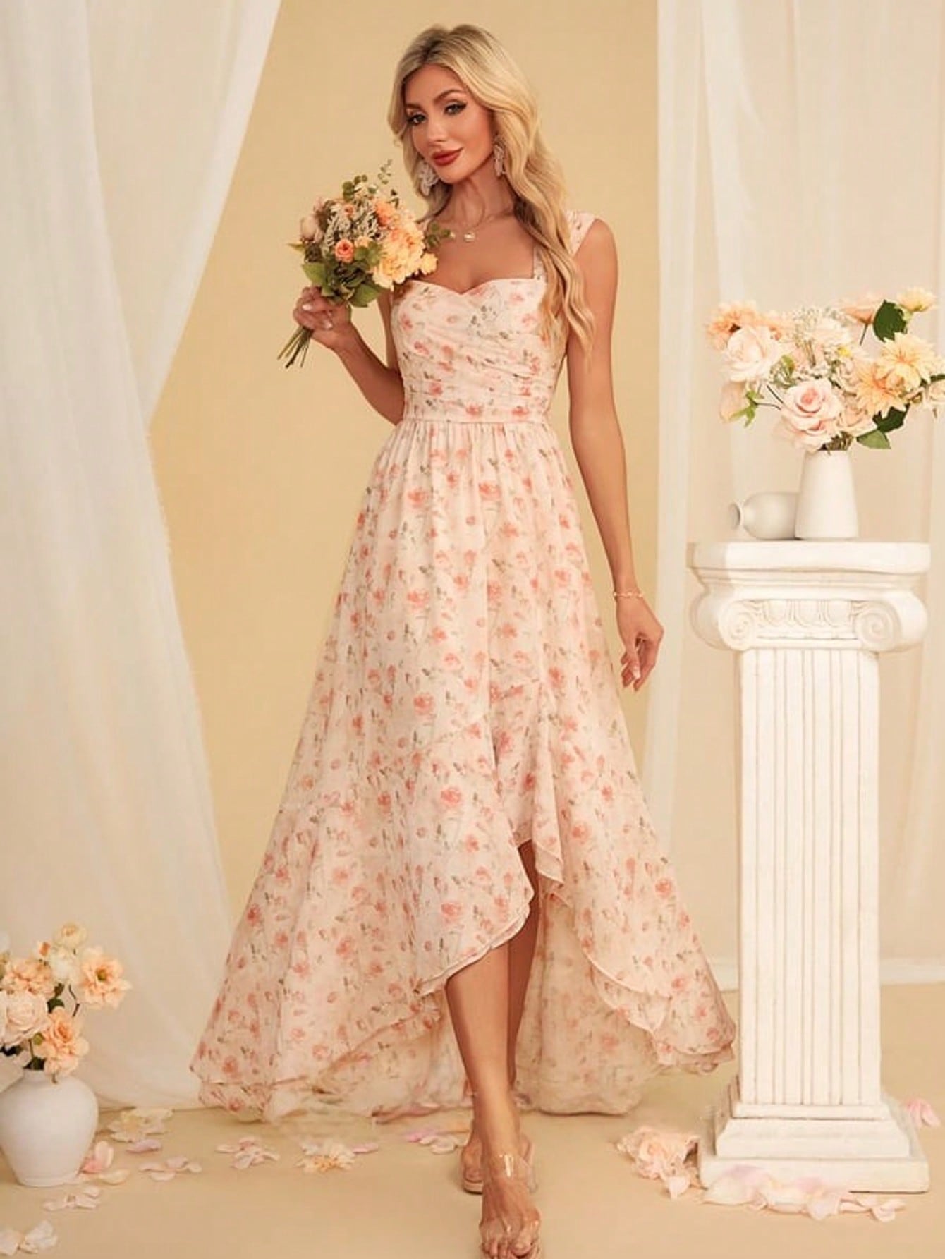 Floral Print Sweetheart Sleeveless A-Line Chiffon Asymmetrical Maxi Dress For Summer & Fall Women's Dress