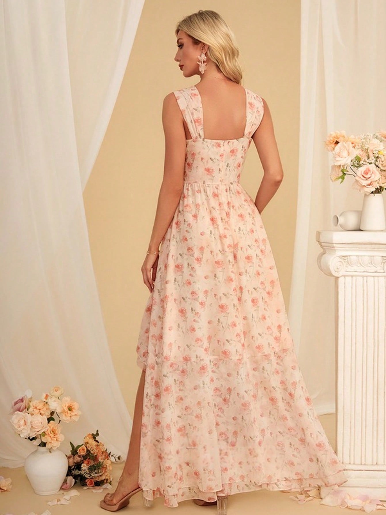 Floral Print Sweetheart Sleeveless A-Line Chiffon Asymmetrical Maxi Dress For Summer & Fall Women's Dress