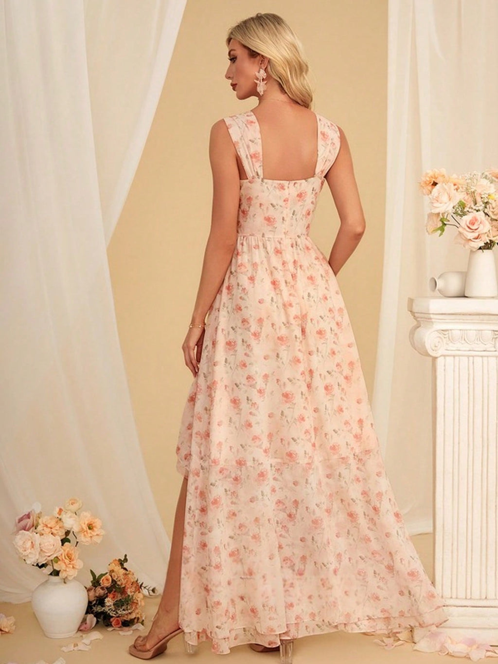 Floral Print Sweetheart Sleeveless A-Line Chiffon Asymmetrical Maxi Dress For Summer & Fall Women's Dress