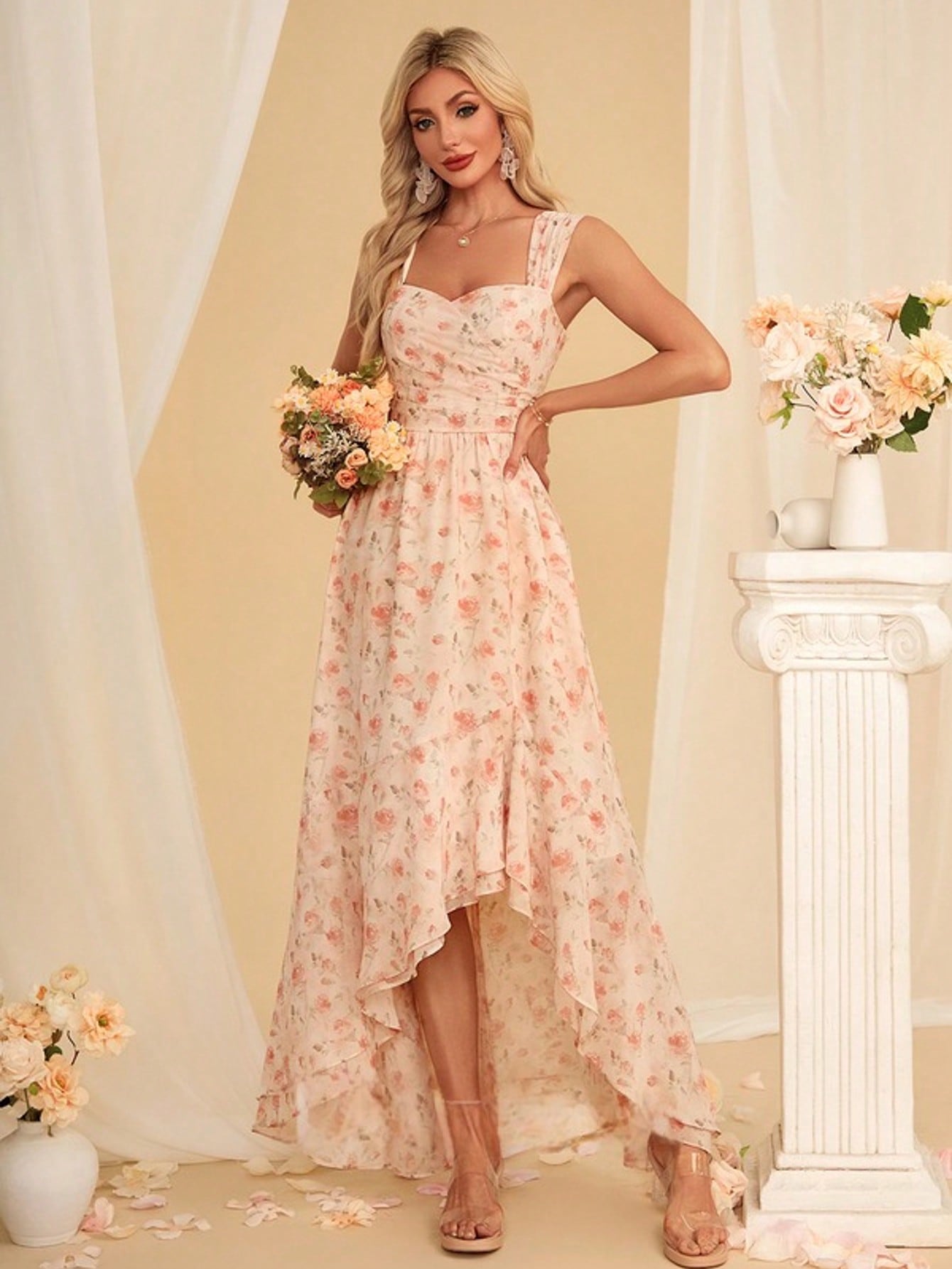 Floral Print Sweetheart Sleeveless A-Line Chiffon Asymmetrical Maxi Dress For Summer & Fall Women's Dress