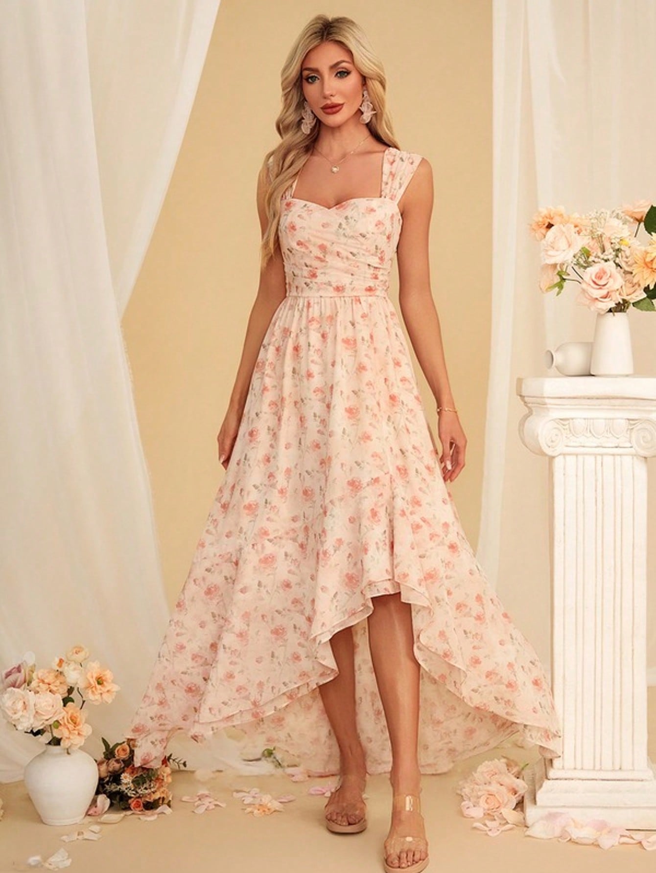 Floral Print Sweetheart Sleeveless A-Line Chiffon Asymmetrical Maxi Dress For Summer & Fall Women's Dress