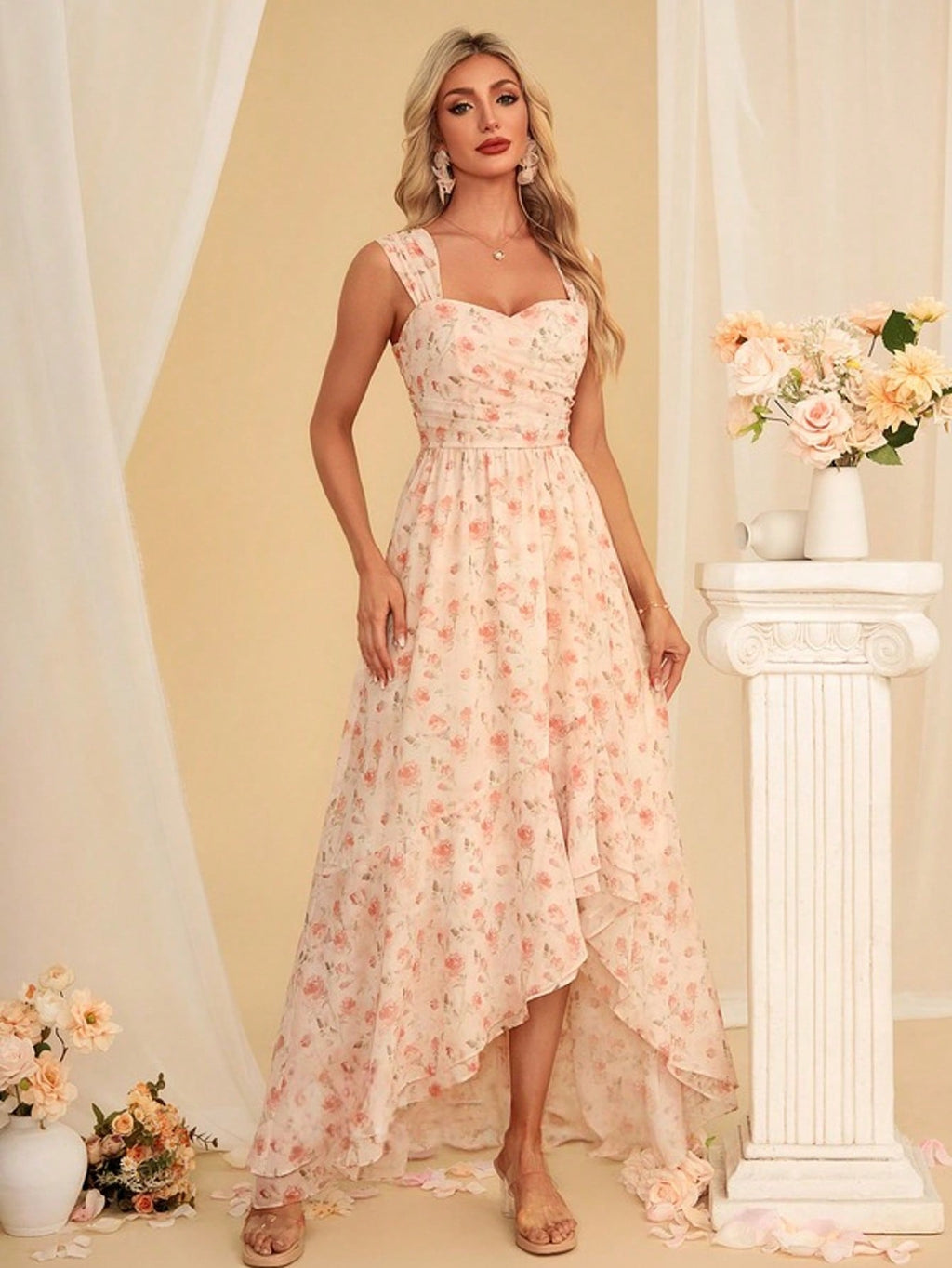 Floral Print Sweetheart Sleeveless A-Line Chiffon Asymmetrical Maxi Dress For Summer & Fall Women's Dress