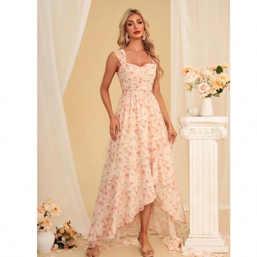 Floral Print Sweetheart Sleeveless A-Line Chiffon Asymmetrical Maxi Dress For Summer & Fall Women's Dress