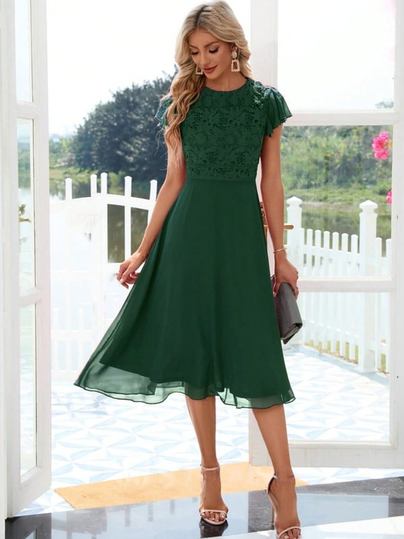 Ruffle Scoop A-Line Chiffon Lace Midi Dress For Summer & Fall Women's Clothing