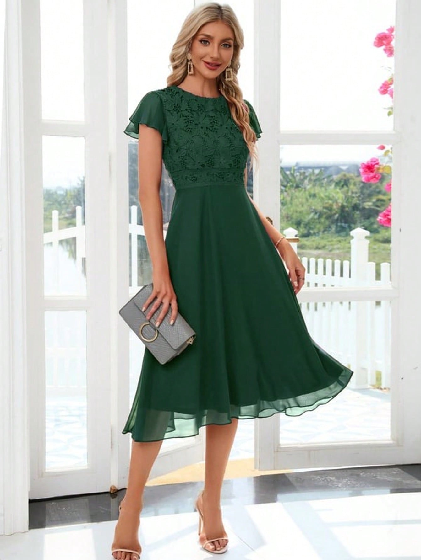 Ruffle Scoop A-Line Chiffon Lace Midi Dress For Summer & Fall Women's Clothing