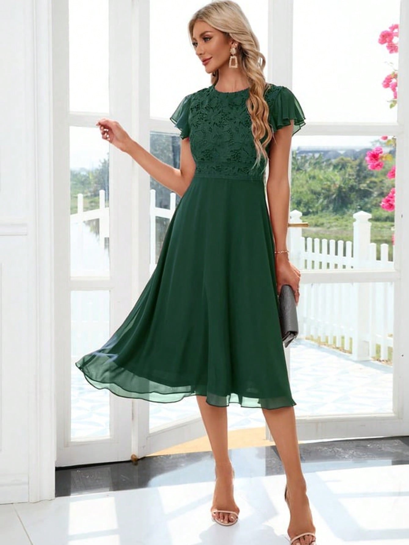 Ruffle Scoop A-Line Chiffon Lace Midi Dress For Summer & Fall Women's Clothing