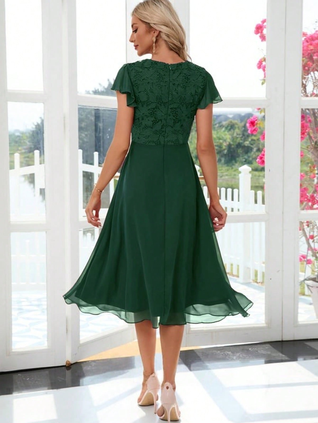 Ruffle Scoop A-Line Chiffon Lace Midi Dress For Summer & Fall Women's Clothing