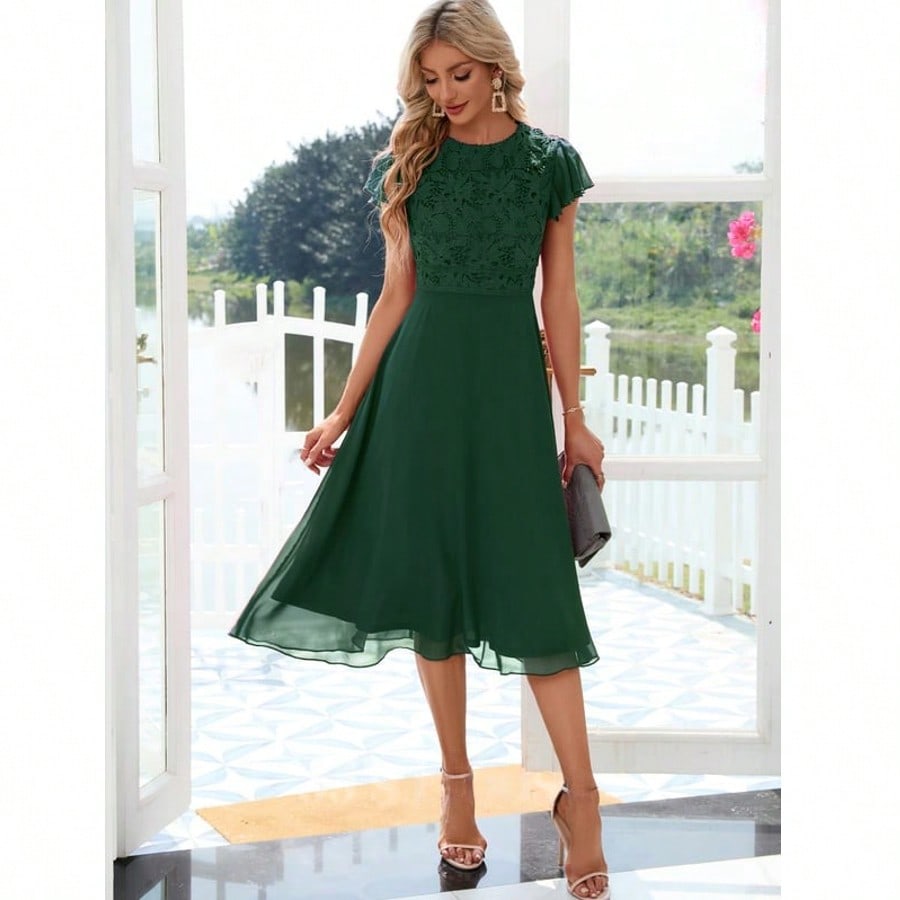 Ruffle Scoop A-Line Chiffon Lace Midi Dress For Summer & Fall Women's Clothing