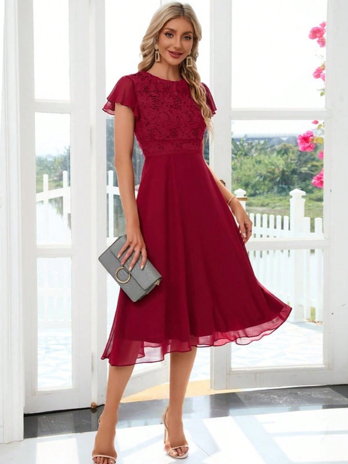 Ruffle Scoop A-Line Chiffon Lace Midi Dress For Summer & Fall Women's Clothing