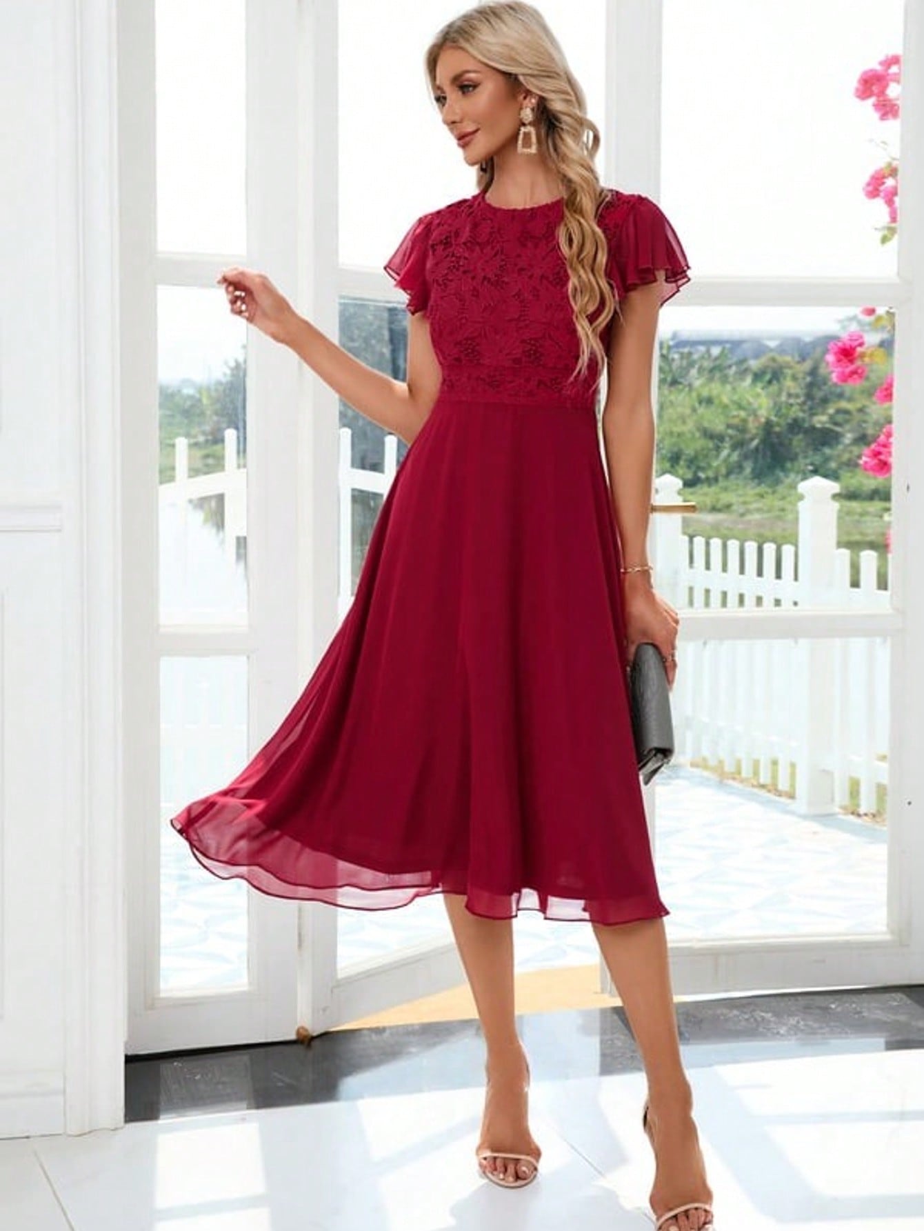 Ruffle Scoop A-Line Chiffon Lace Midi Dress For Summer & Fall Women's Clothing