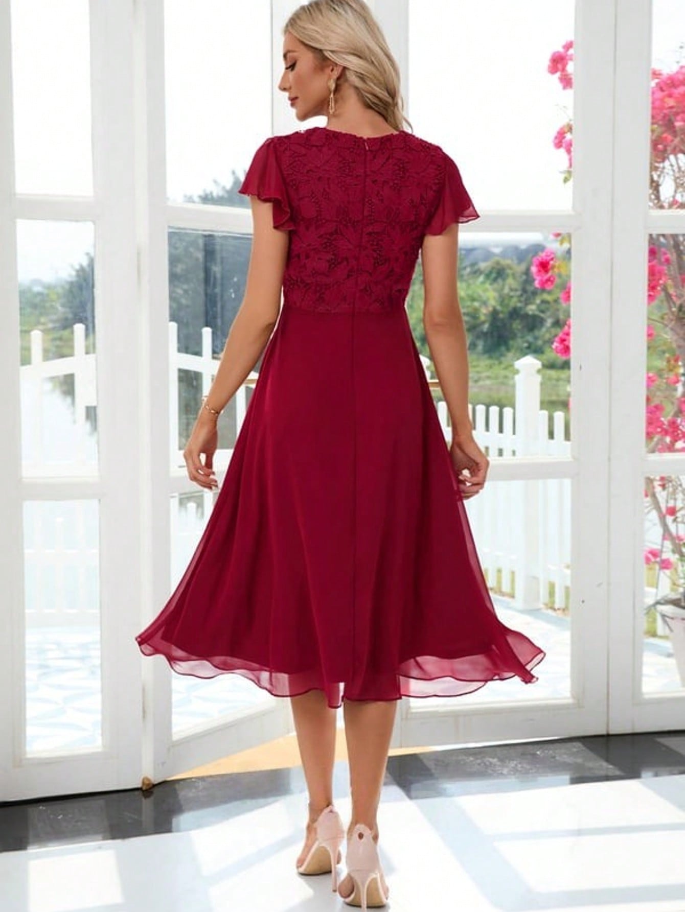 Ruffle Scoop A-Line Chiffon Lace Midi Dress For Summer & Fall Women's Clothing