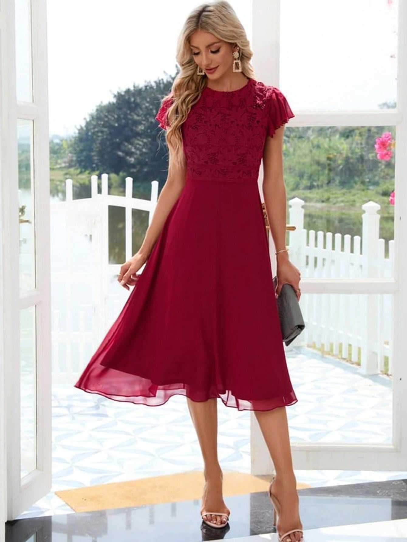 Ruffle Scoop A-Line Chiffon Lace Midi Dress For Summer & Fall Women's Clothing