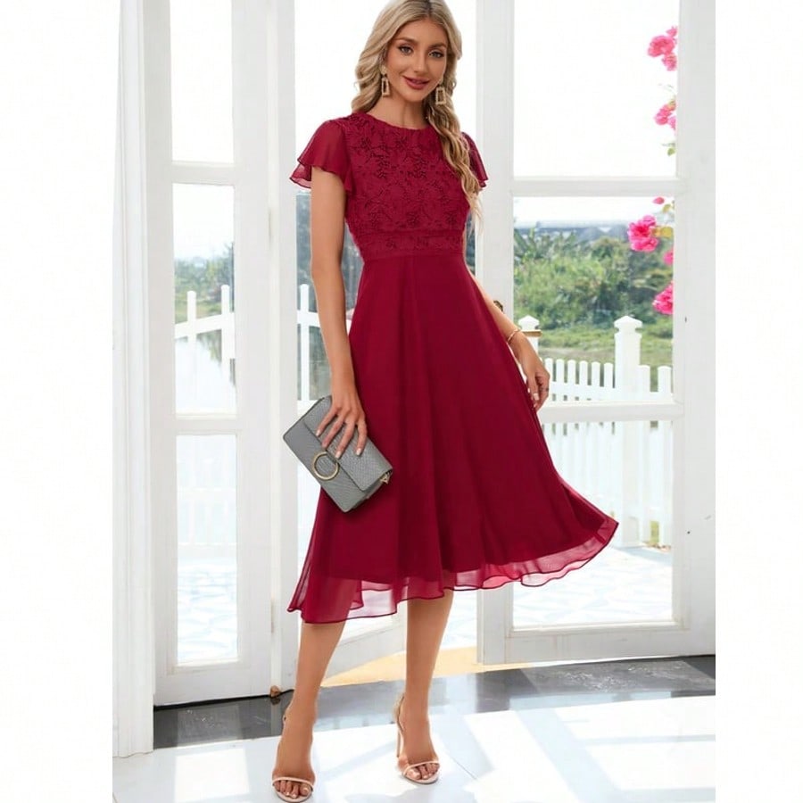 Ruffle Scoop A-Line Chiffon Lace Midi Dress For Summer & Fall Women's Clothing