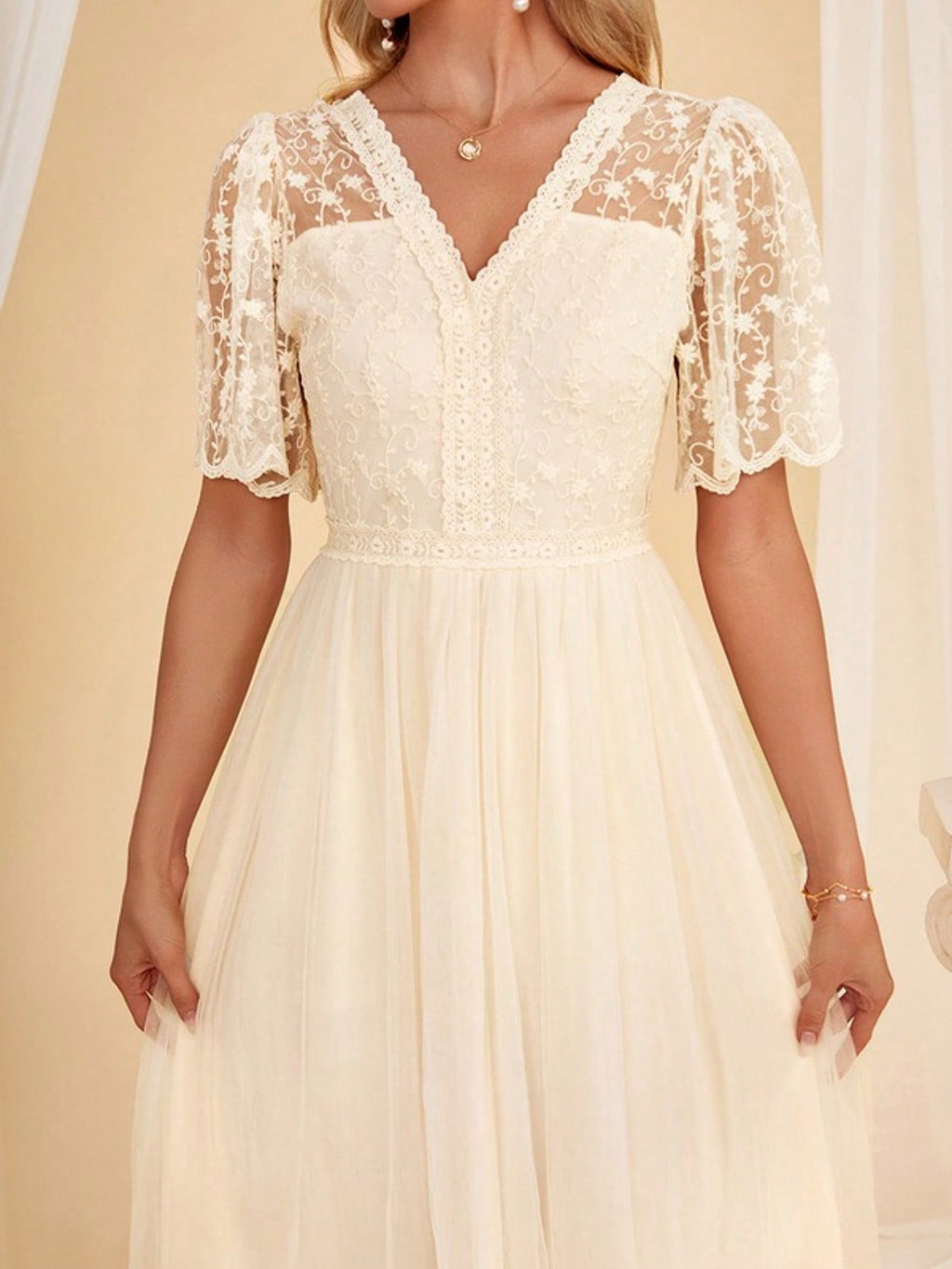V-Neck A-Line Lace Tulle Midi Dress For Summer & Fall Women's Dress