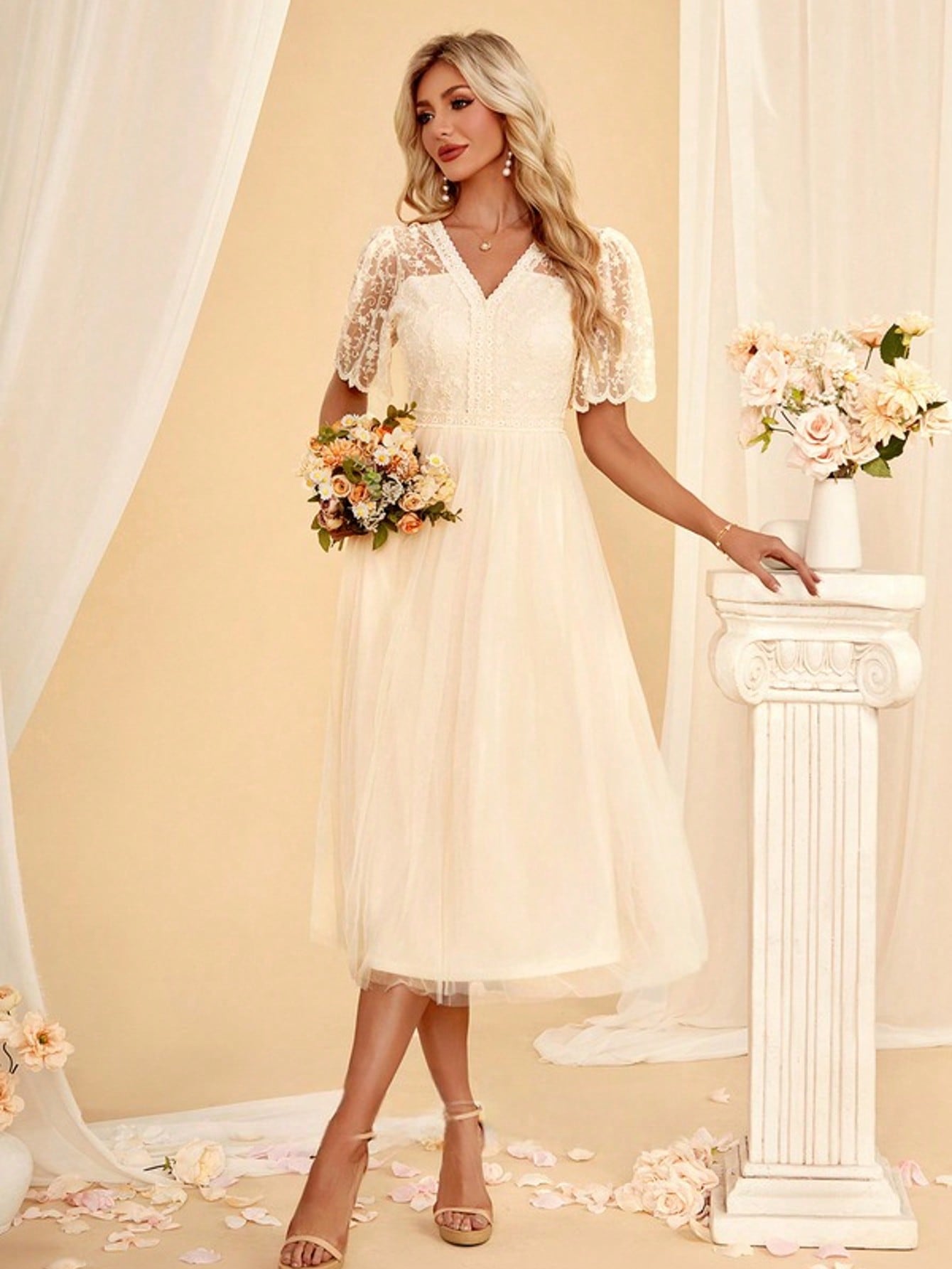 V-Neck A-Line Lace Tulle Midi Dress For Summer & Fall Women's Dress