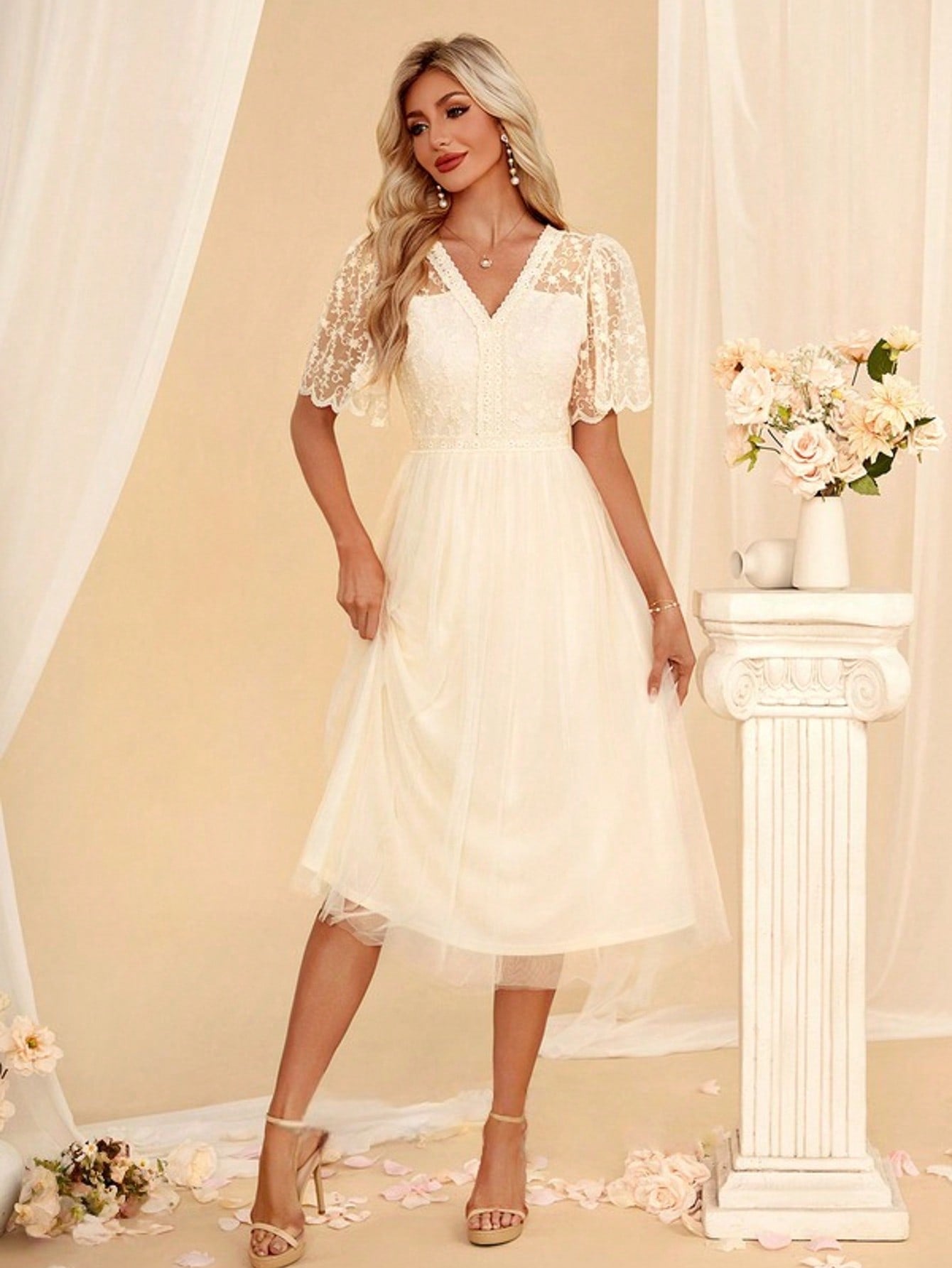 V-Neck A-Line Lace Tulle Midi Dress For Summer & Fall Women's Dress