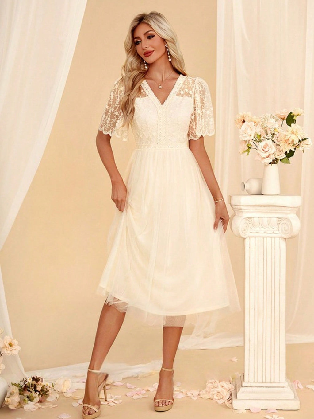 V-Neck A-Line Lace Tulle Midi Dress For Summer & Fall Women's Dress