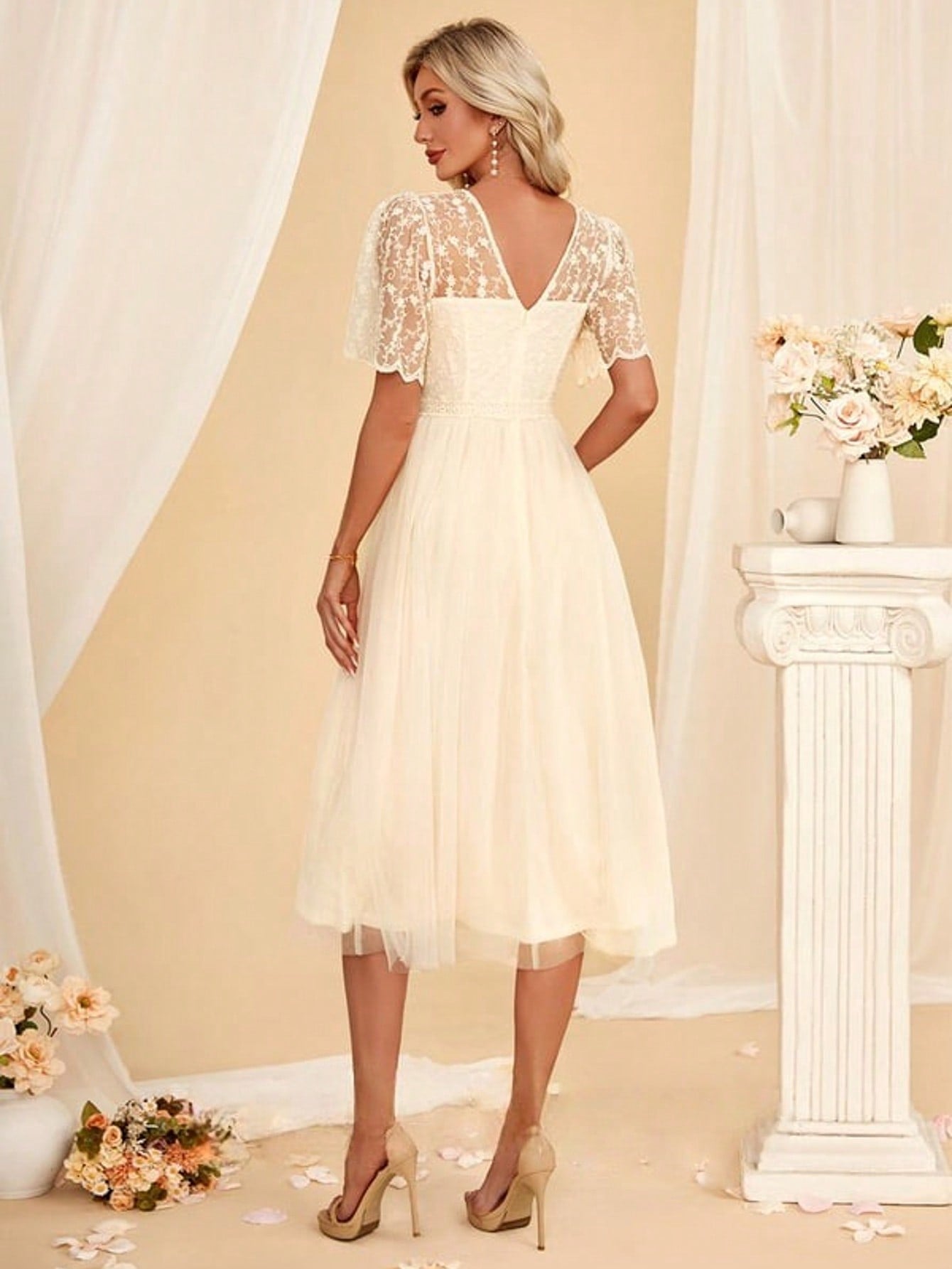 V-Neck A-Line Lace Tulle Midi Dress For Summer & Fall Women's Dress